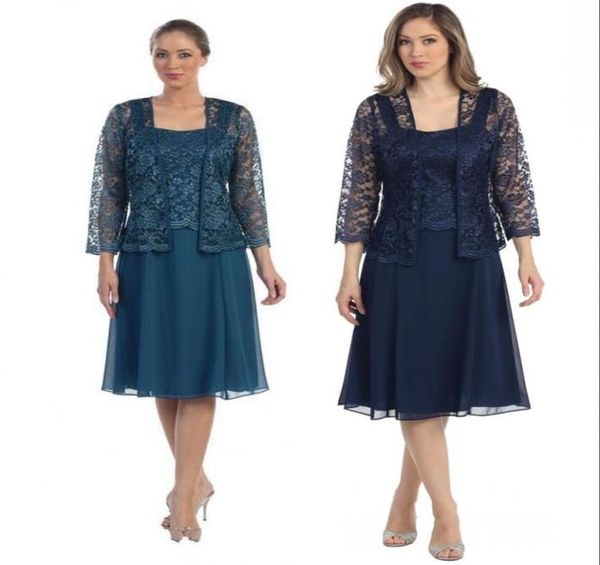 Robe mère de la mariée à manches longues en mousseline de soie bleu marine avec veste, robes de soirée formelles, grande taille, longueur thé, robe mère du marié6121423