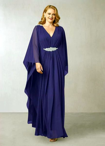 Robes mère de la mariée en mousseline de soie bleu marine, manches chauve-souris, col en v, taille empire, grande taille, robe de soirée de mariage pour femmes, robe de bal longue pour maman du marié, 2024