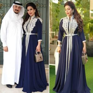 Marineblauw Chiffon Moslim Prom Formele Jurken 3/4 Lange Mouw 2021 Arabische Kaftan Caftan Marokko Abaya Kant Applique Avondjurk