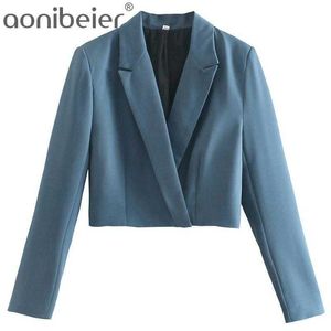 Azul marino recortada Blazers elegantes mujeres delgadas de manga larga trajes femeninos abrigo Oficina señora Chaqueta corta Primavera Verano Tops 210604