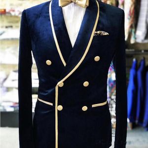 Navy Blue Double Breasted Wedding Tuxedos Bruidegom Sjaal Revers Velvet Pak Heren Party Blazer Prom Business Designer Slechts één jas