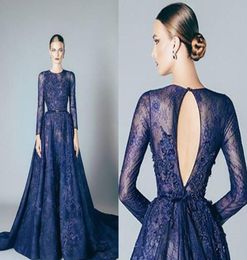 Marineblauw Elie Saab Avondjurken Kant Formele Galajurken Avondjurken Met Een Lijn Kant Appliqué Kralen Ronde Hals Lange Mouwen Goedkoop 208571627