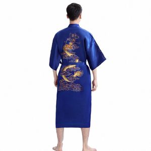 Bleu marine broderie glisser robe chemise de nuit hommes Kimo peignoir robe satin vêtements de nuit en soie vêtements de nuit en vrac décontracté maison vêtements c5J0 #