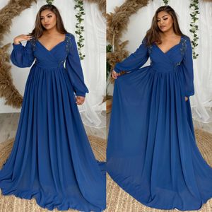 Marineblauwe avondjurken elegant een lijn v nek lange mouwen gerang kalkoen prom jurk plus maten formele jurken voor vrouwen
