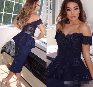 Marineblauwe avondjurken zeemeermin elegant van de schouder kralen peplum kanten applique theellengte geschulpte plus size prom feestjurken