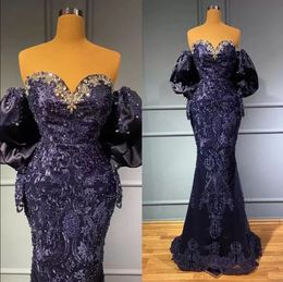 Robes de soirée bleu marine épaules dénudées manches longues dentelle appliques sirène perlée plis grande taille aso ebi afircan robe de bal