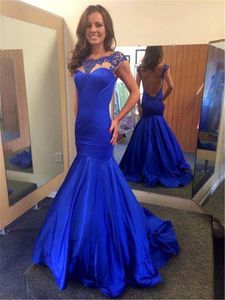 Navy Blue Avond Party Jurken Kant Scoop Hals Sexy Open Back Mermaid Prom Dress Capped Sleeve Vestido de Festa Longo