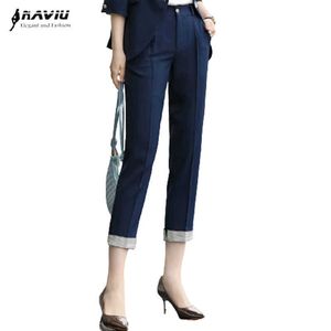 Bleu marine Mode Femmes Pantalons Plus Taille Formelle Printemps Été Coréen Bureau Dames Slim Mid Taille Pantalon 210604
