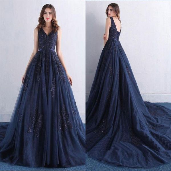 Vestidos formales azul marino de noche de talla grande 2022 con cuello en V, manga casquillo, cintura imperio, vestido de graduación, apliques de encaje, lentejuelas con cuentas, graduación 267D