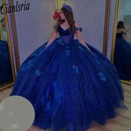 Marineblauw Glitter Kristal 3D Bloemen Baljurk Quinceanera Jurk Uit De Schouder Parels Kralen Corset Vestidos De XV Anos