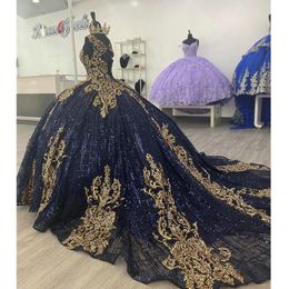 Marineblauwe glitter kristal quinceanera jurk met gouden appliques veter korset bal jurk prom swety vestidos de 15 anos