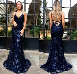 Navy Blue Glitz Light Lovers Mermaid Prom Dresses Sexy Deep V-hals Backless Bourgondië Avondjurken Vestidos de Festa BA9164