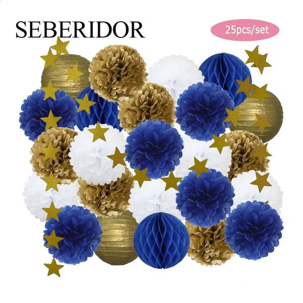 Conjunto de oro azul marino, linterna de bola de papel redonda, estrellas de flores de tejido DIY para niños, niño, niña, cumpleaños, bautismo, fiesta de boda, favor 240127