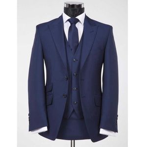 Navy Blue Groom Tuxedo voor Mannen 3 Stuk Slim Fit Man Past met Piek Revers Custom Formele Mannelijke Mode Kostuum Jacket Gilet X0909