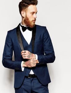 Navy Blue Bruidegom Tuxedos Black Revers Groomsman Wedding Tuxedos Side Vent Mannen Prom Party Jacket Blazer 3 Stuk Suit (Jas + Broek + Tie + Vest) 481