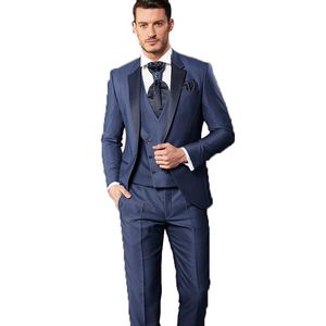 Marineblauw Bruidegom Tuxedos Uitstekende Heren Bruiloft Tuxedos Notch Revers Man Jas Blazer Populaire 3 Stuk Pak (Jas + Broek + Vest + Tie) 1287