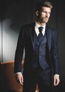 Navy Blue Bruidegom Tuxedos Notch Revers Groomsman Bruiloft 3 Stuk Suit Mode Heren Business Prom Party Jacket Blazer (Jacket + Broek + Tie + Vest) 2271