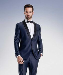 Navy Blue Hoge Kwaliteit Bruidegom Tuxedos Sjaal Revers Groomsmen Mens Trouwjurken Kleding Prom Suits (jas + Pants + Girdle + TIE) AA1045