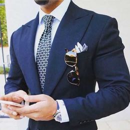 Navy Blue Hoge Kwaliteit Suit voor Mannen Slim Fit Laatste Jas Pant Designs Daily Custom Tailor Tuxedo 2 Stuks Blazer Masculino X0909