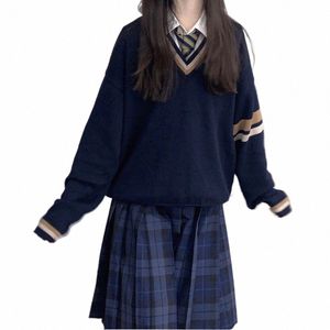 Bleu marine JK pull tricoté pull veste DK uniforme scolaire femmes hommes automne japonais col en V loisirs hiver étudiant pull 68i4 #