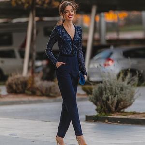 Navy Blue Jumpsuit Bruidsmeisjesjurken met zakken V-hals Lange mouw Outfit Maid of Honour draagt ​​Sequin Top Satijnen Broek voor formele jurk