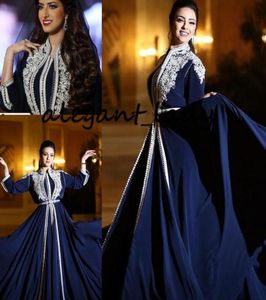Caftan bleu marine Caftan robes de soirée marocaines 2021 dentelle broderie à manches longues musulman arabe robe de mode de bal5340842