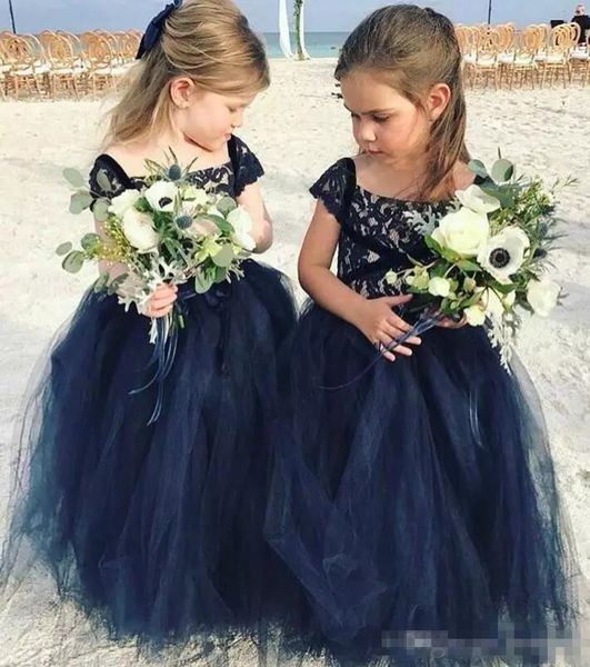 .Marine Bleu Dentelle 2019 Arabe Robes De Fille De Fleur Pas Cher Robe De Bal Tulle Enfant Robes De Mariée Vintage Petite Fille Pageant Robes