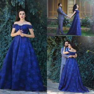 Navy Blue Lace A Line Prom Jurken Saoedi-Arabische Off Shoulder Avondjurken Vloerlengte Formele Party Jurk Op maat gemaakt