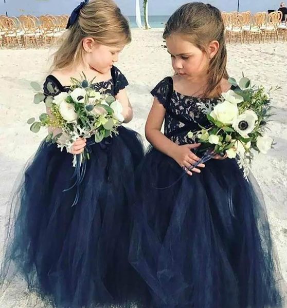 Vestidos de niña de flores de encaje azul marino para fiesta de boda Vestido de tutú para niños Manga casquillo Niñas pequeñas Cumpleaños Vestido de desfile de graduación Personalizar