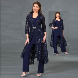 Navy Blue Kant Moeder van de bruid broekpakken v-hals met lange jassen bruiloft gasten jurk plus size chiffon moeders bruidegom jurken