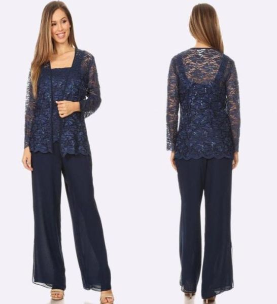 Navy Blue Lace Mother of the Bride Pant convient trois pièces à paillettes Robe invitée en mousseline de mousseline plus taille mères robes de marié4417376