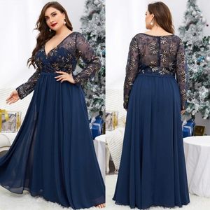 Bleu marine dentelle grande taille robes de bal pour une occasion spéciale une ligne col en V robes de soirée manches longues longueur de plancher en mousseline de soie robe formelle