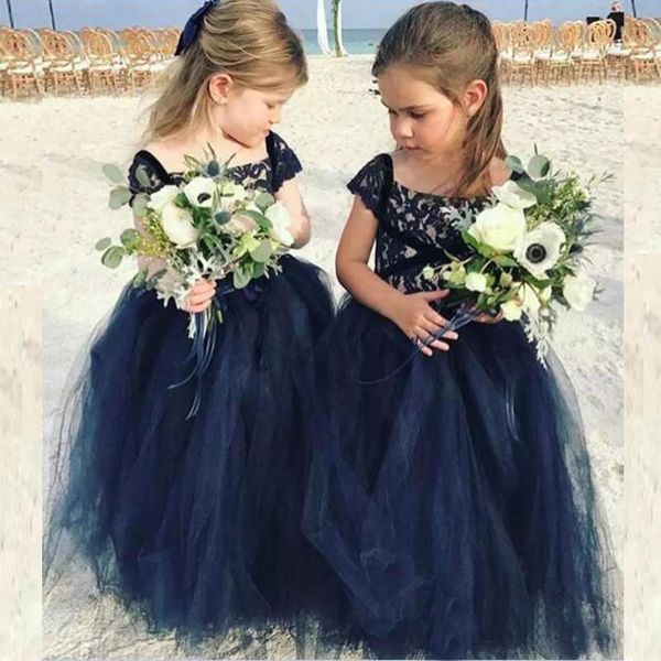 Navy Blue Lace Tulle Arabe Flower Girl Robes Princess Child Child Robes de mariée Vintage Petites filles Robes de concours