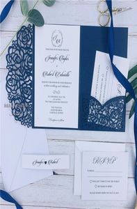 Suites d'invitation de mariage de poche découpées au Laser bleu marine, invitations personnalisables avec enveloppe expédiées par UPS4457244