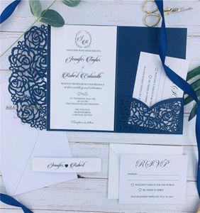 Suites d'invitation de mariage de poche découpées au Laser bleu marine, invitations personnalisables avec enveloppe expédiées par UPS2784113