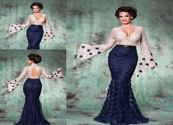 Azul marino Mangas largas Madre de la novia Encaje Árabe Marroquí Dubai Kaftan Las mujeres usan fiesta de graduación Vestido de novia Vestido formal para eventos 8596905