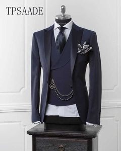 Marineblauw mannen blazer zakelijke moderne mannen pak met broek slim fit bruiloft pakken voor mannen prom formele jas tuxedo kostuum homme x0909