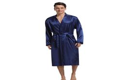 Navy Blue Men Kimono Nightwear Satin Robe Sleepwear Room Home Clothes Bathrobe à manches longues Sool Soft Silky Pajamas Bobe9604124