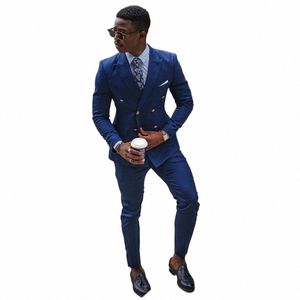 Marineblauw Herenpak Slim Fit Blazer Sets Voor Busin Double Breasted Tuxedos 2 Stuks Jas En Broek Bruiloft Bruidegom dragen O29L #