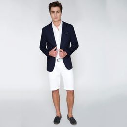 Navy Blue Men Past 2 Stuks Bruidegom Dragen White Pants Beach Wedding Past Mens Designer Jacket Blazer Prom Party (Jack + Pants)