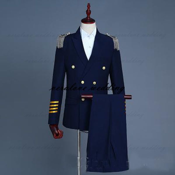 Costumes 2 pièces bleu marine pour hommes, veste et pantalon, uniforme de capitaine de Studio de Performance sur scène, Tuxedos de mariage, vêtements de marié 295n