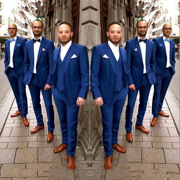 Trajes de hombre azul marino para boda, verano, playa, novio, esmoquin, hombre, padrino, Blazer, solapa en pico, 3 piezas, Terno Masculino Delgado