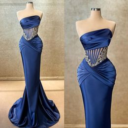 Vestidos de noche azules de sirena azul marino condejes de adornos de cuerpo elegantes pliegues lentejuelas cuentas vestidas formales hechas a medida para mujeres