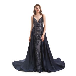 Robes de soirée de sirène bleu marine avec train détachable paillettes Gillter Spaghetti Versidos Estidos Estidos Esponjados