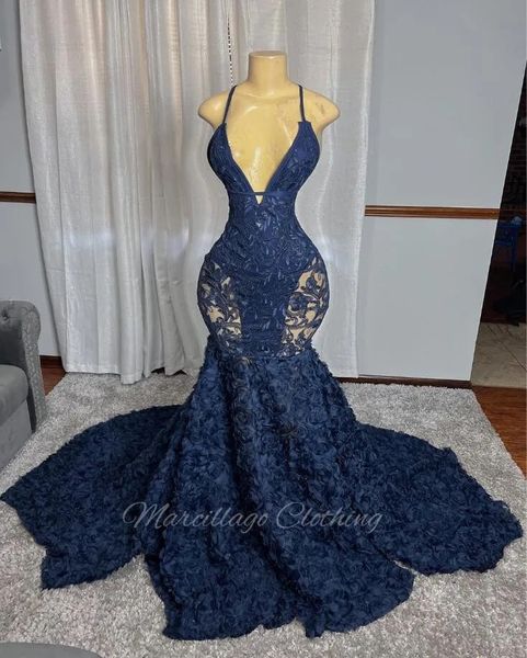 Robe De soirée sirène bleu marine, Sexy, fille noire, avec des appliques en dentelle, fond Rose, en maille transparente, Robes De Bal