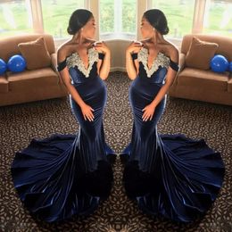 Navy Blue Mermaid Prom Dresses Off The Shoulder Deep V-hals Avondjurken Witte Kant Applicaties Sweep Train Women Formal Party Dress