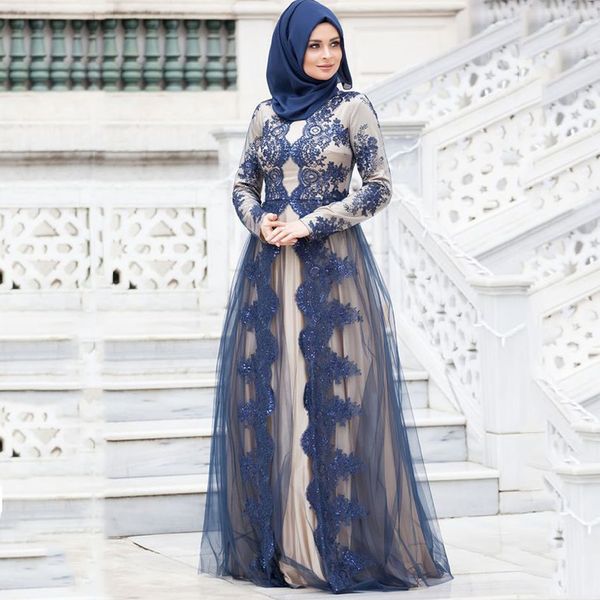 azul marino azul encaje mangas largas vestidos de noche champagne tinción piso longitud musulmán apliques vestigio donna mujeres maxi vestido formal vestido