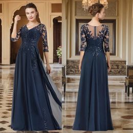 Robes mère de la mariée bleu marine, manches 3/4, col en V, mousseline de soie, dentelle appliquée, paillettes perlées, robes de mère pour femmes noires arabes, robes de tenue d'invité de mariage AMM051