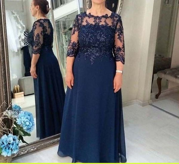 Vestidos para madre de la novia de color azul marino, corte en A, ilusión pura, mangas 3/4, apliques de gasa con cuentas, vestidos para madres y novios