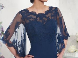 Marineblauwe Moeder van de Bruid Jurken Chiffon A-lijn Tot de grond Lange Avondjurk Galajurken Elegante stijl Tule met Appliqué 284S